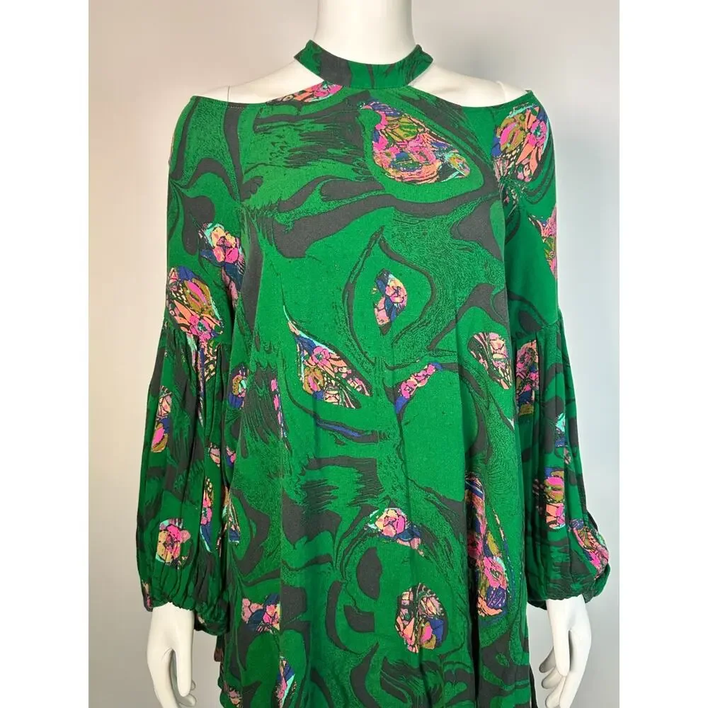 Free People Green Floral Cold Shoulder Halter Tunic Blouse Size Small Boho